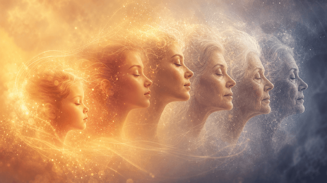 Abstract age progression visualization. Face outline transitioning smoothly, age markers evolving with light particles,