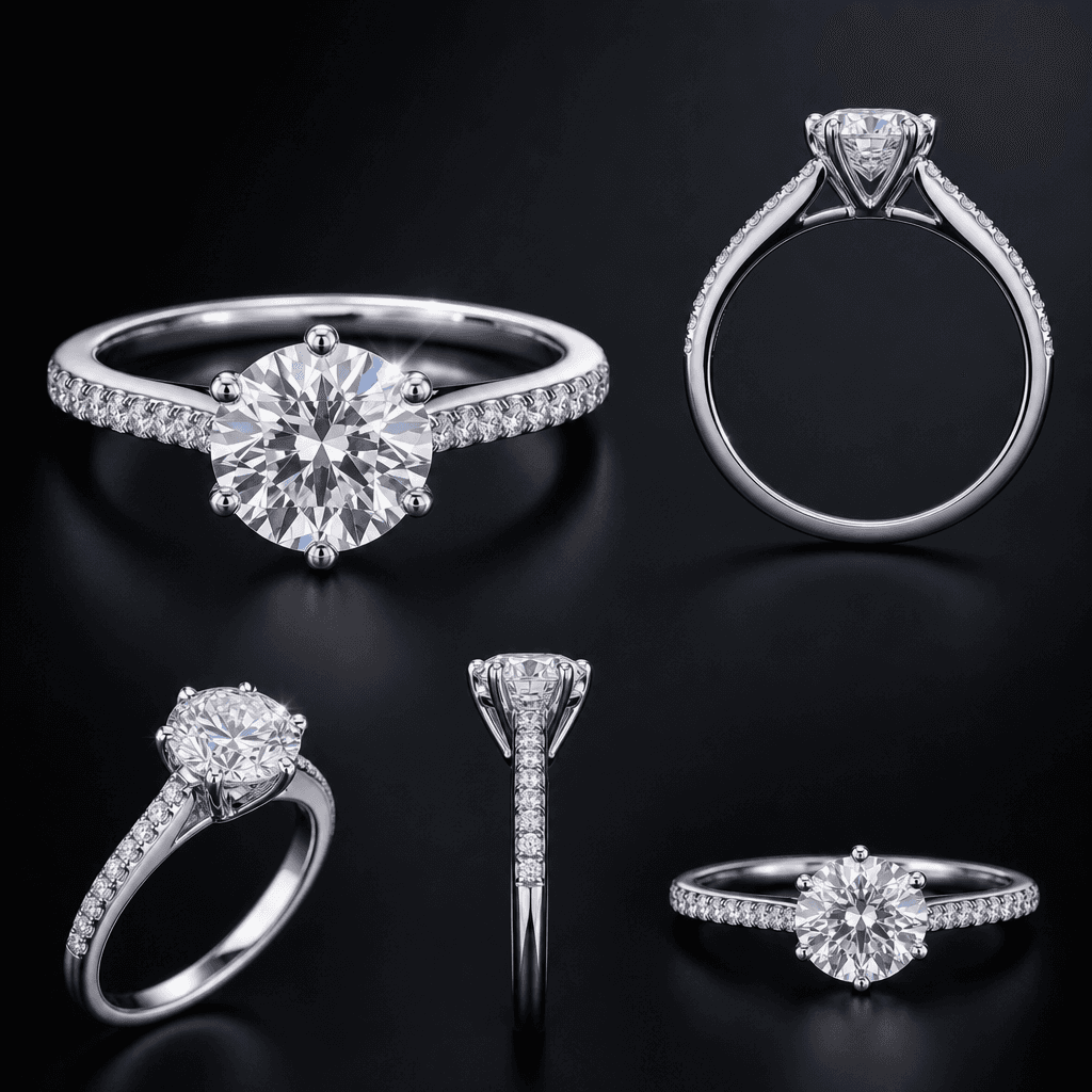 Sparkling diamond ring displayed from multiple angles, premium lighting, dark elegant background, high-end jewelry aesth