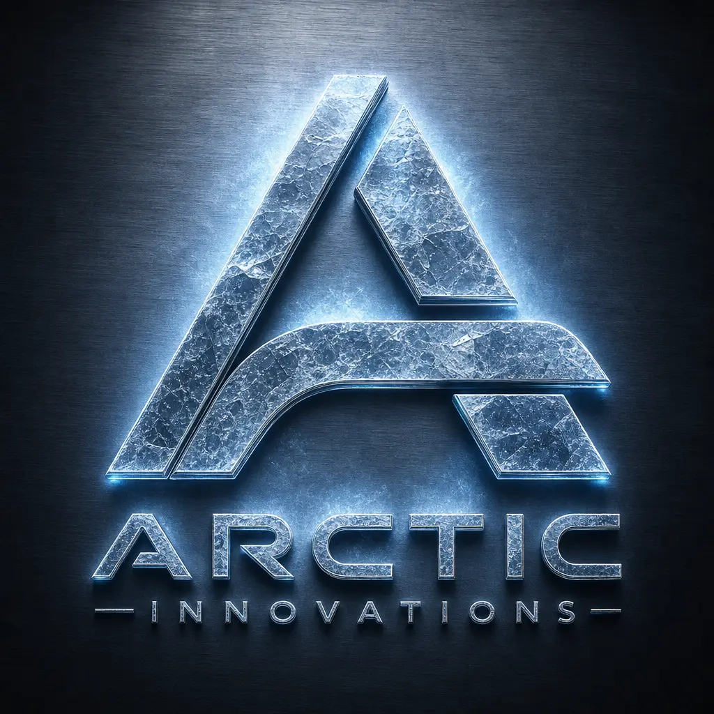 Modern logo with layered textures: brushed metal base with crystal ice texture overlay, dramatic backlighting effect