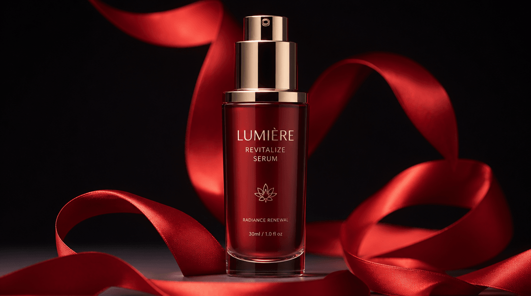 Beauty product centered and beautifully framed with red ribbon accent wrapping around it. Ribbon enhances but doesn't ov