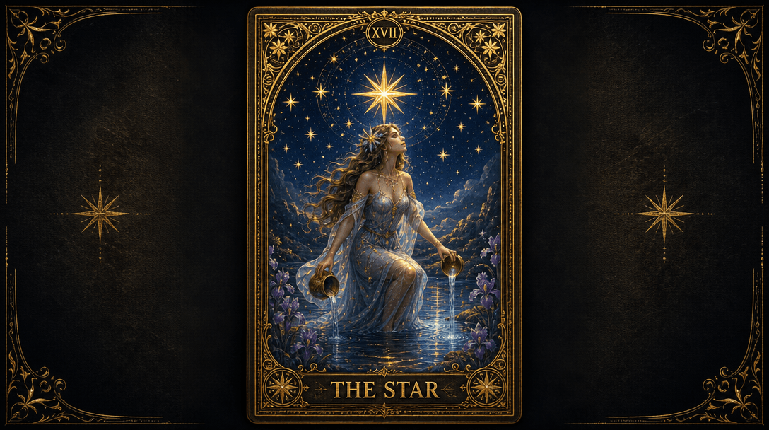 Completed mystical tarot card displayed on dark background, ornate gold frame with full spiritual aesthetic, ready for p