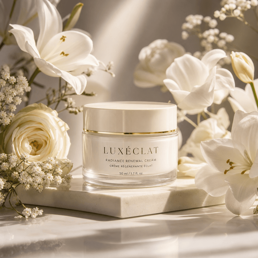 High-end skincare cream jar surrounded by fresh white flowers and soft morning light. Minimalist luxury still life, edit