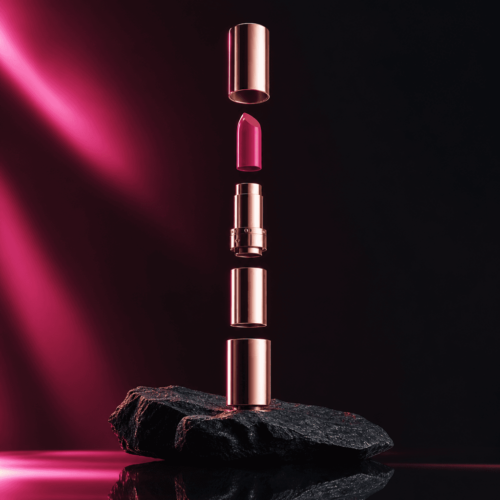 Premium lipstick tube broken into cap, bullet, rotating mechanism, inner sleeve, and base, parts hovering in a symmetric