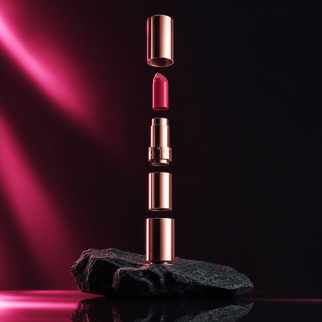 Premium lipstick tube broken into cap, bullet, rotating mechanism, inner sleeve, and base, parts hovering in a symmetric