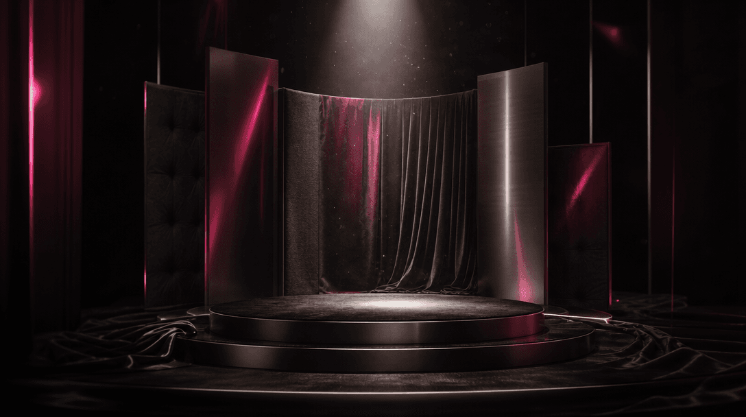 A dramatic miniature performance stage made from black velvet, brushed metal, and soft fabric panels, illuminated by a s