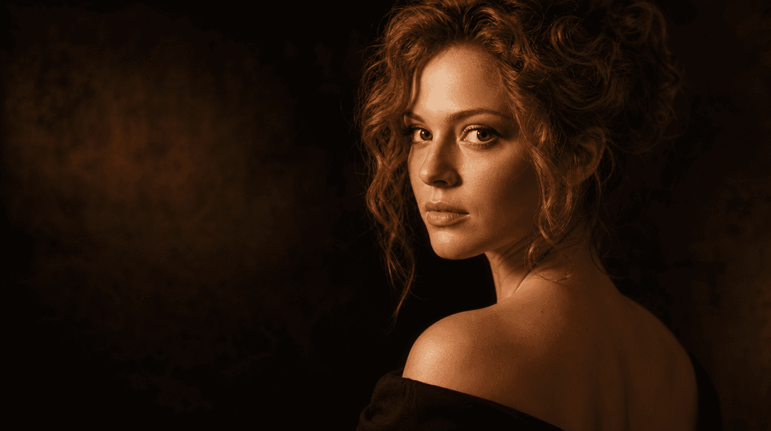 Portrait gallery lighting. Dramatic theatrical spotlighting, warm amber key light with deep shadows. Professional studio