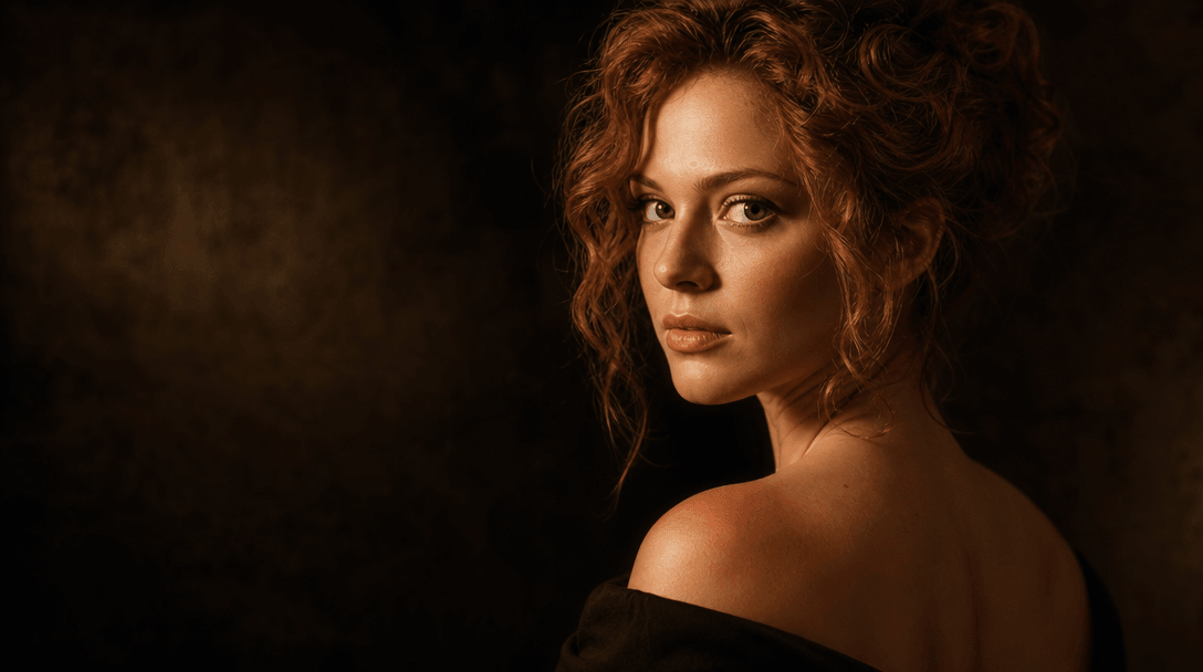 Portrait gallery lighting. Dramatic theatrical spotlighting, warm amber key light with deep shadows. Professional studio