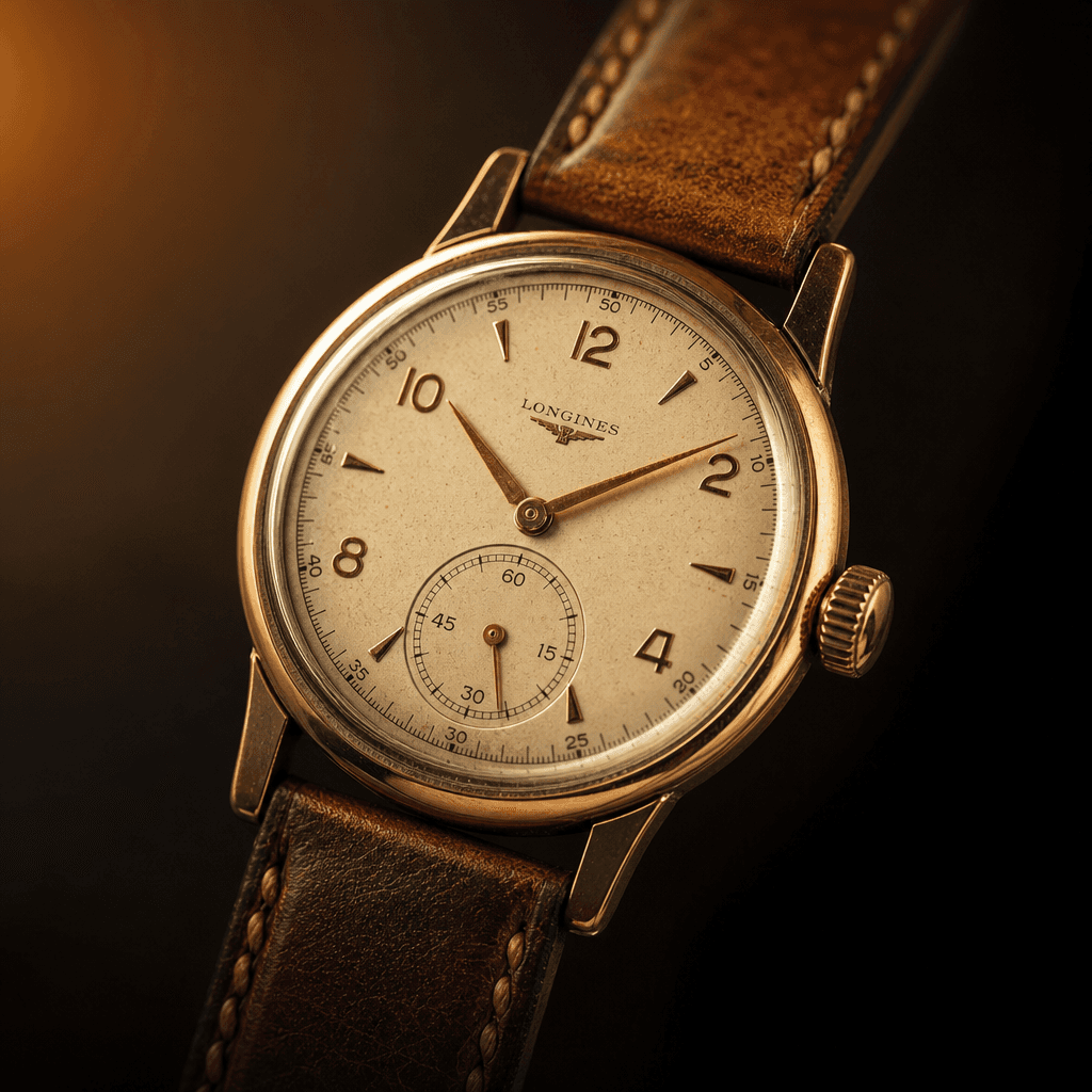 Vintage mechanical watch face close-up, warm golden hour lighting, leather strap detail, studio photography, dark moody