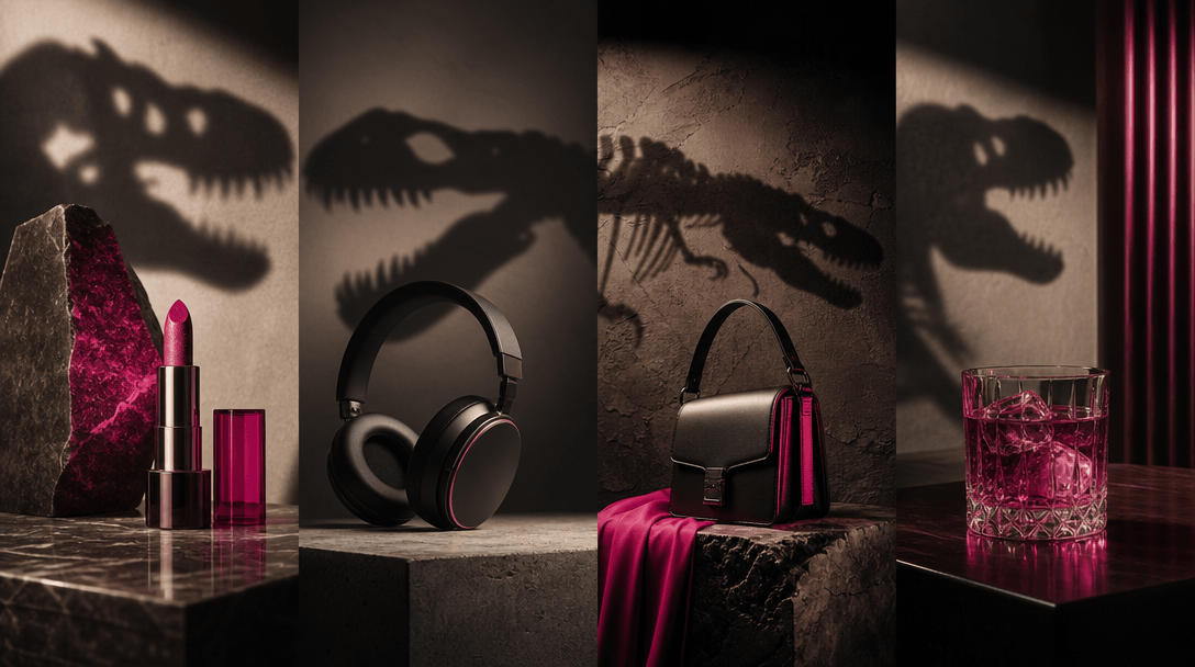 Four distinct unbranded products arranged across connected dark cinematic environments, including beauty, electronics, f