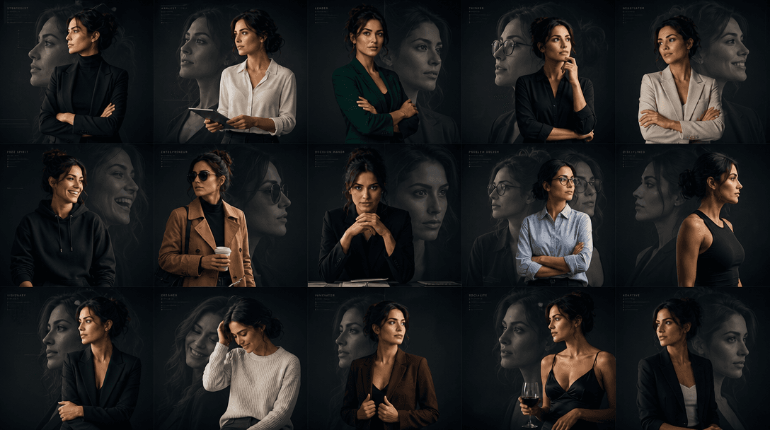 Layered split-screen or transparency effect showing same professional silhouette in multiple distinct poses, outfits, an