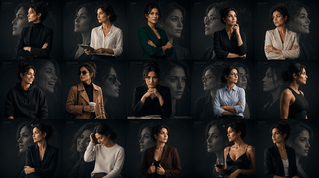 Layered split-screen or transparency effect showing same professional silhouette in multiple distinct poses, outfits, an