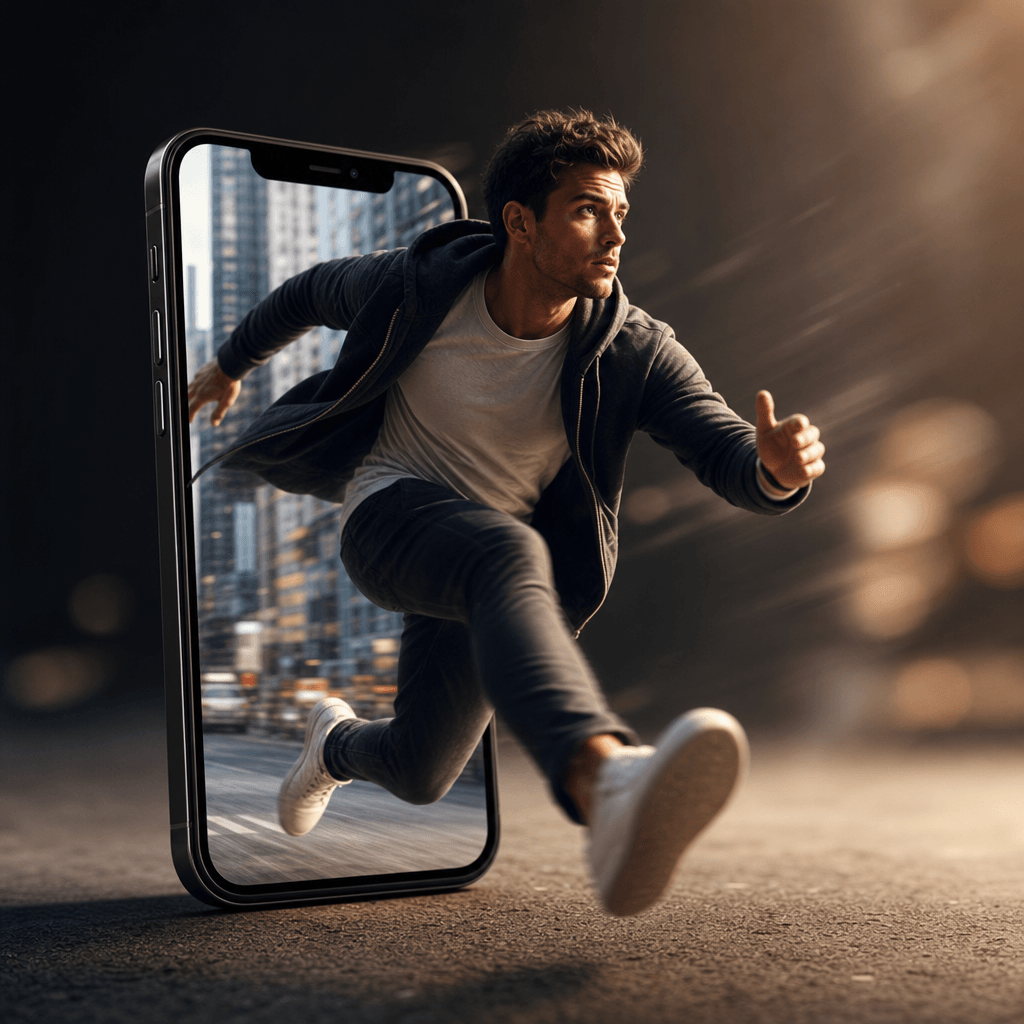 Person stepping out of iPhone screen in dynamic mid-stride pose, screen frame visible, motion blur, professional cinemat