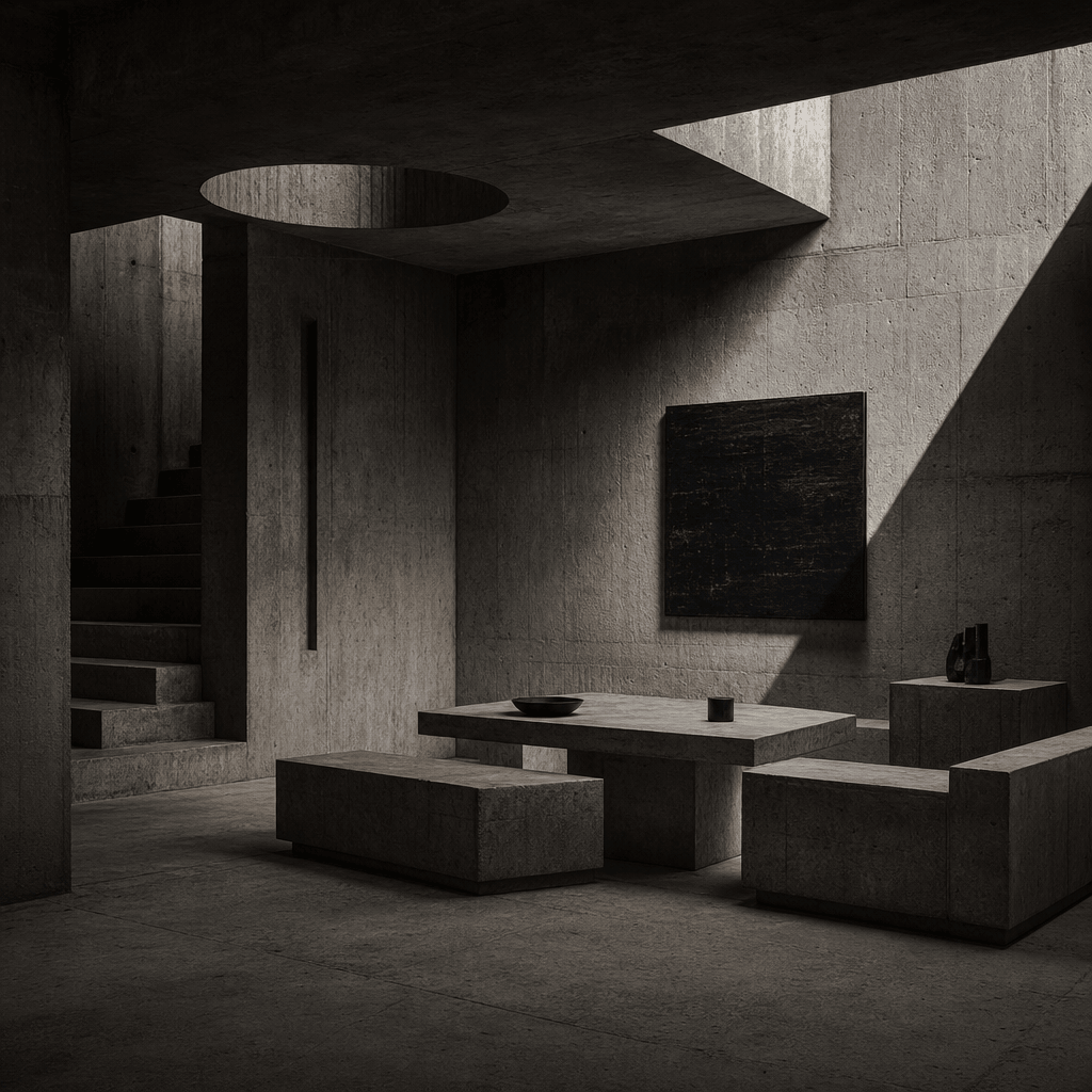 Brutalist concrete interior diorama, dramatic directional side lighting, raw concrete texture detail, geometric brutalis
