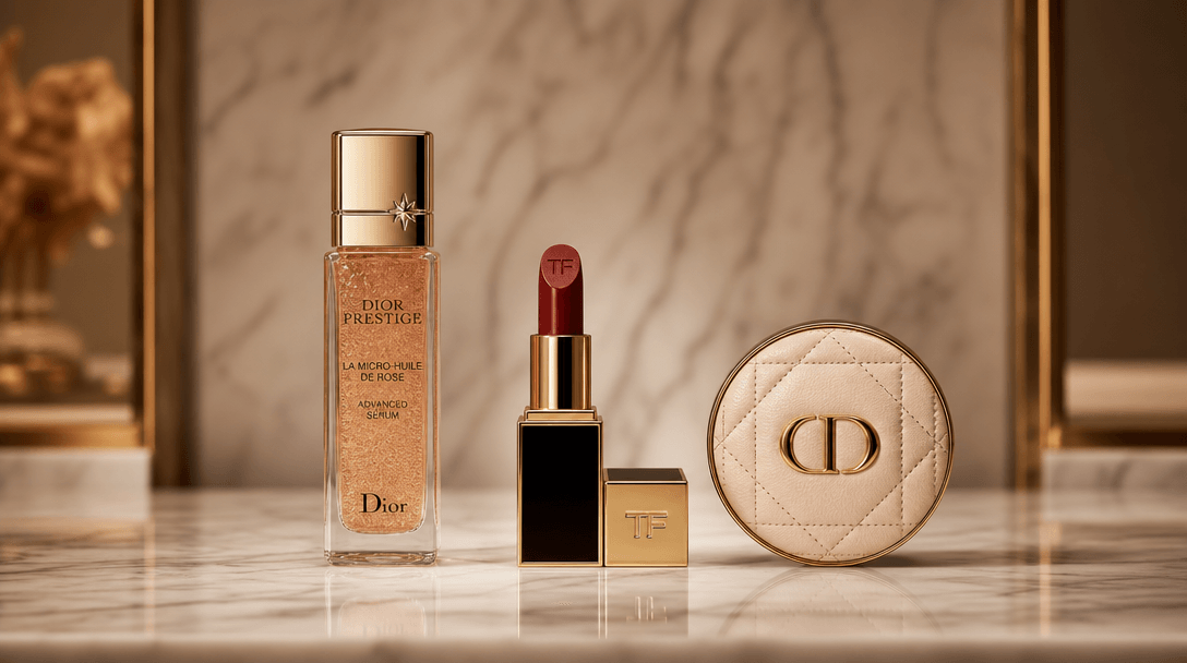 A curated arrangement of luxury beauty products — a tall serum bottle, a sleek lipstick, a round compact — placed symmet