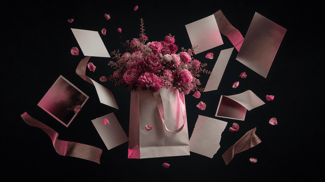 A central flower bag surrounded by floating campaign materials represented abstractly as blank paper cards, photographic