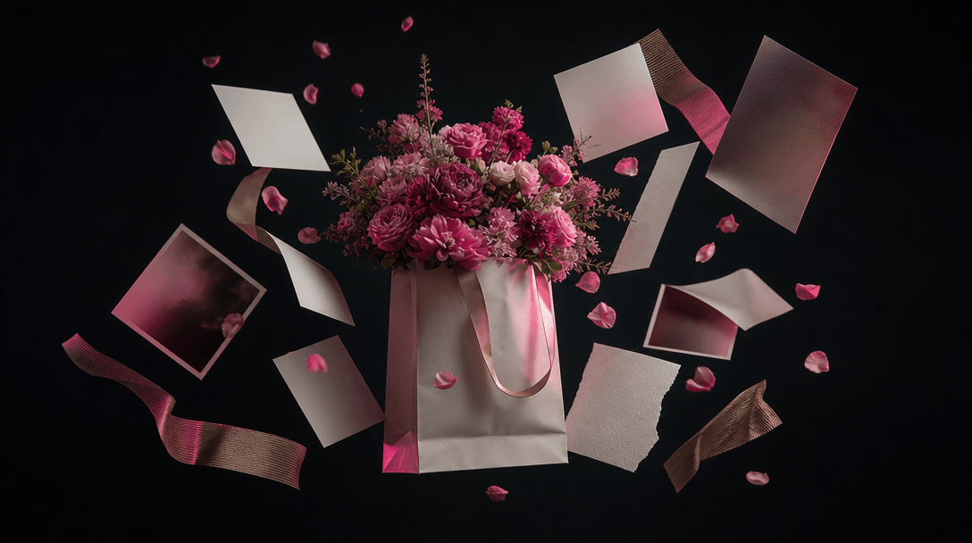 A central flower bag surrounded by floating campaign materials represented abstractly as blank paper cards, photographic