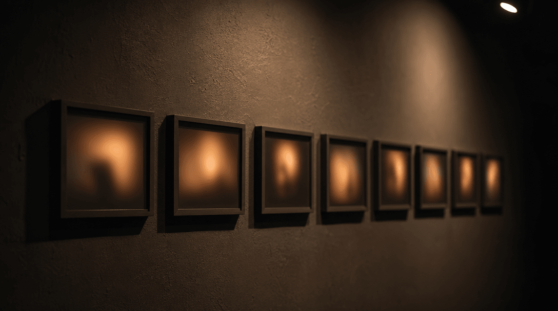 Abstract editorial gallery scene: a row of small matching frames with warm amber-lit interiors — contents intentionally