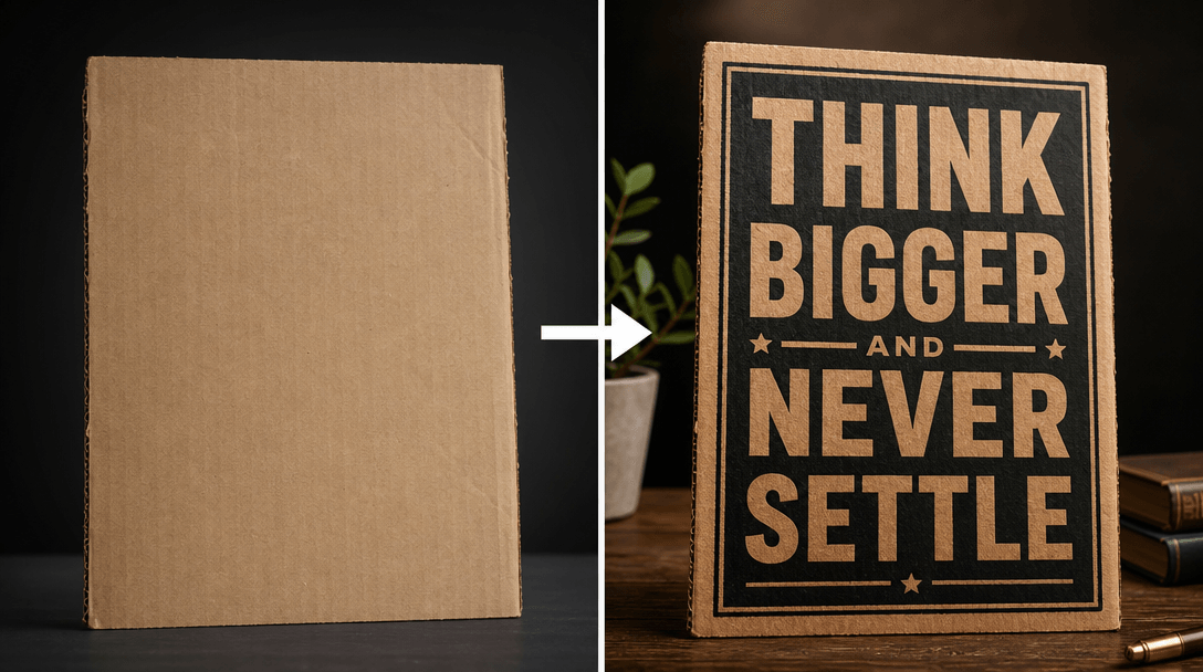 Split-screen: left shows plain cardboard, right shows finished cardboard sign with bold text, transformation reveal, pro