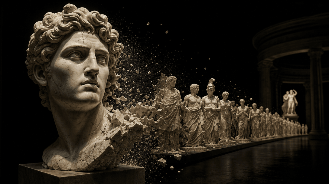 A single marble portrait bust dividing into a coordinated procession of sculptural forms across a dark museum chamber, v