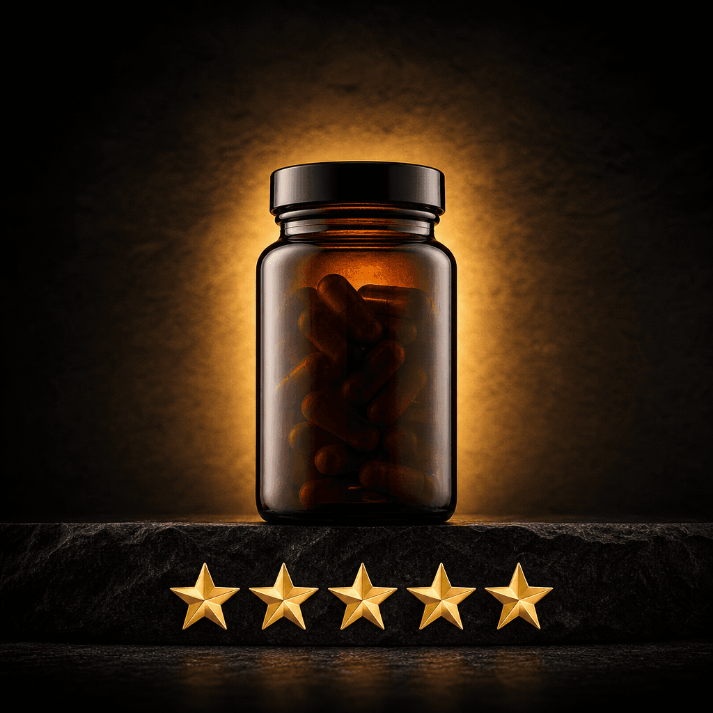 Product photography: an amber glass supplement jar on a deep charcoal surface, dramatic backlight creating a warm amber