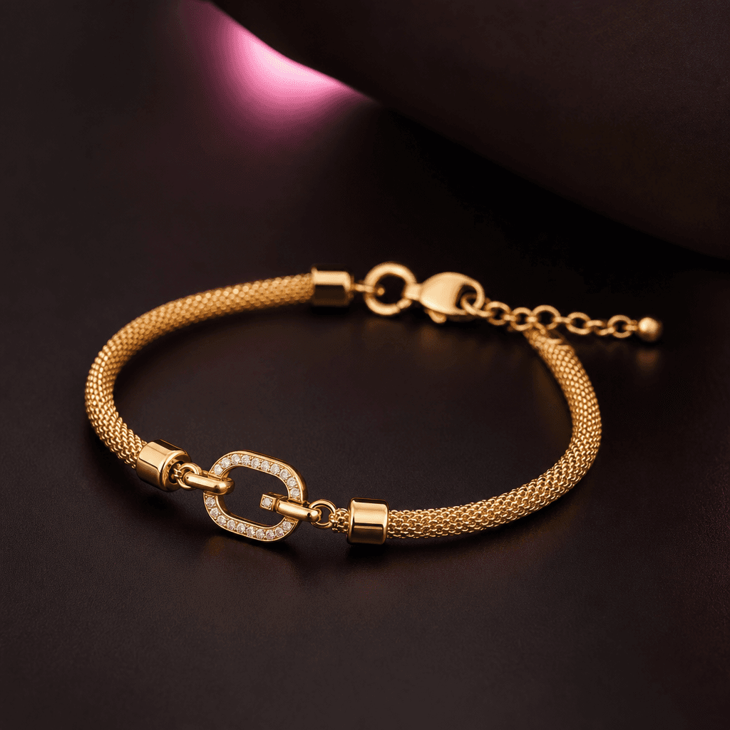 Elegant gold bracelet on dark background with soft pink accent lighting, luxury jewelry photography, minimalist composit