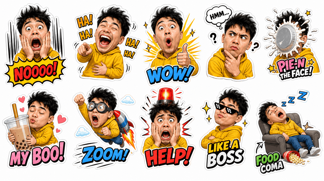 Funny expressions and exaggerated poses in sticker form, comedic visual effects, entertainment focus, playful mood