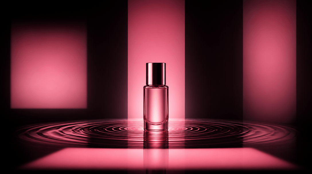 A single beauty bottle at the center of expanding concentric rosé ripples, surrounded by subtle square, vertical, and wi