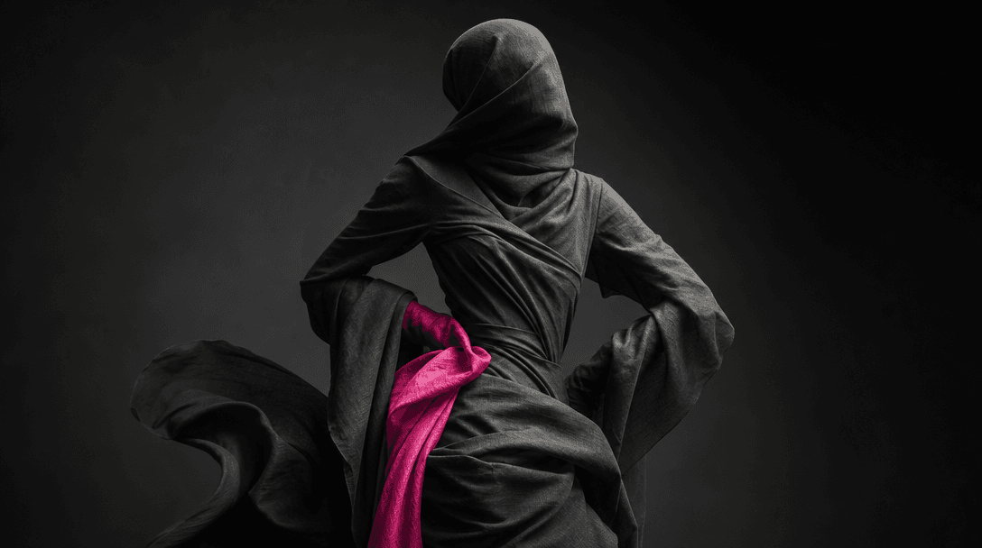 An abstract human silhouette formed from layered charcoal fabric and soft directional light, the pose preserved through