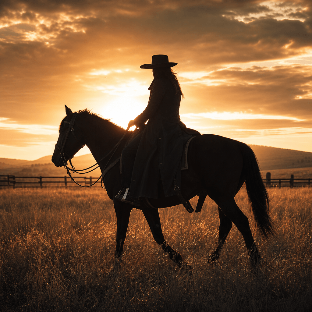 Anonymous adult rider crossing an open ranch field at golden hour, dark horse in calm profile, long tailored coat moving