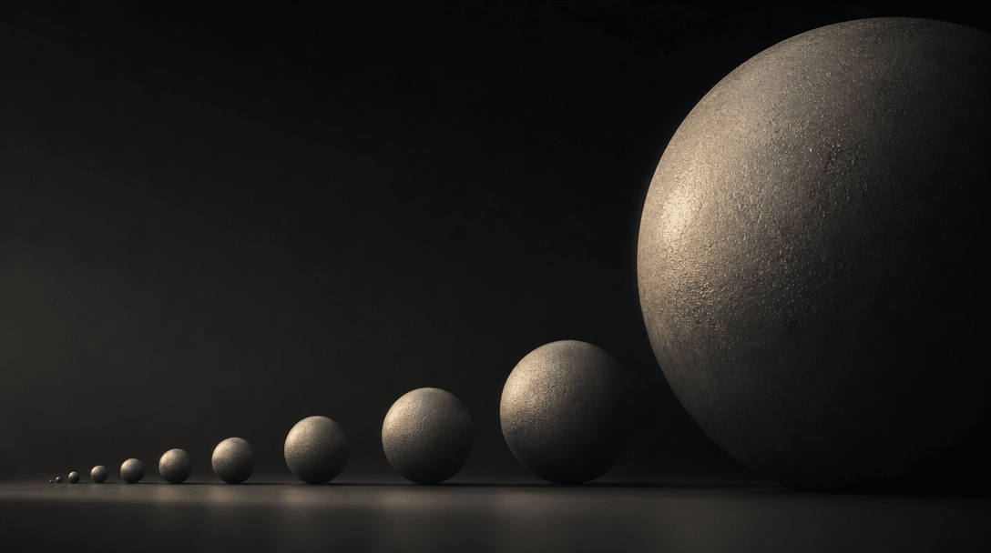 Abstract visual showing smooth gradient transformation from a tiny object to an enormous one, depth of field creating sc