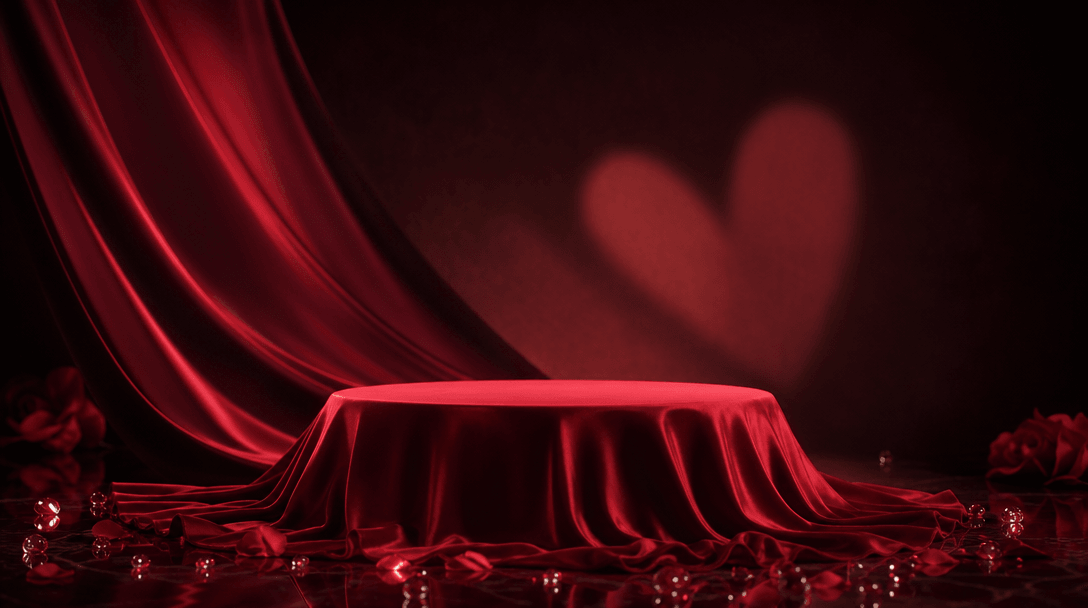 A romantic seasonal product stage made from flowing crimson fabric and subtle heart-shaped shadows, surrounded by scatte