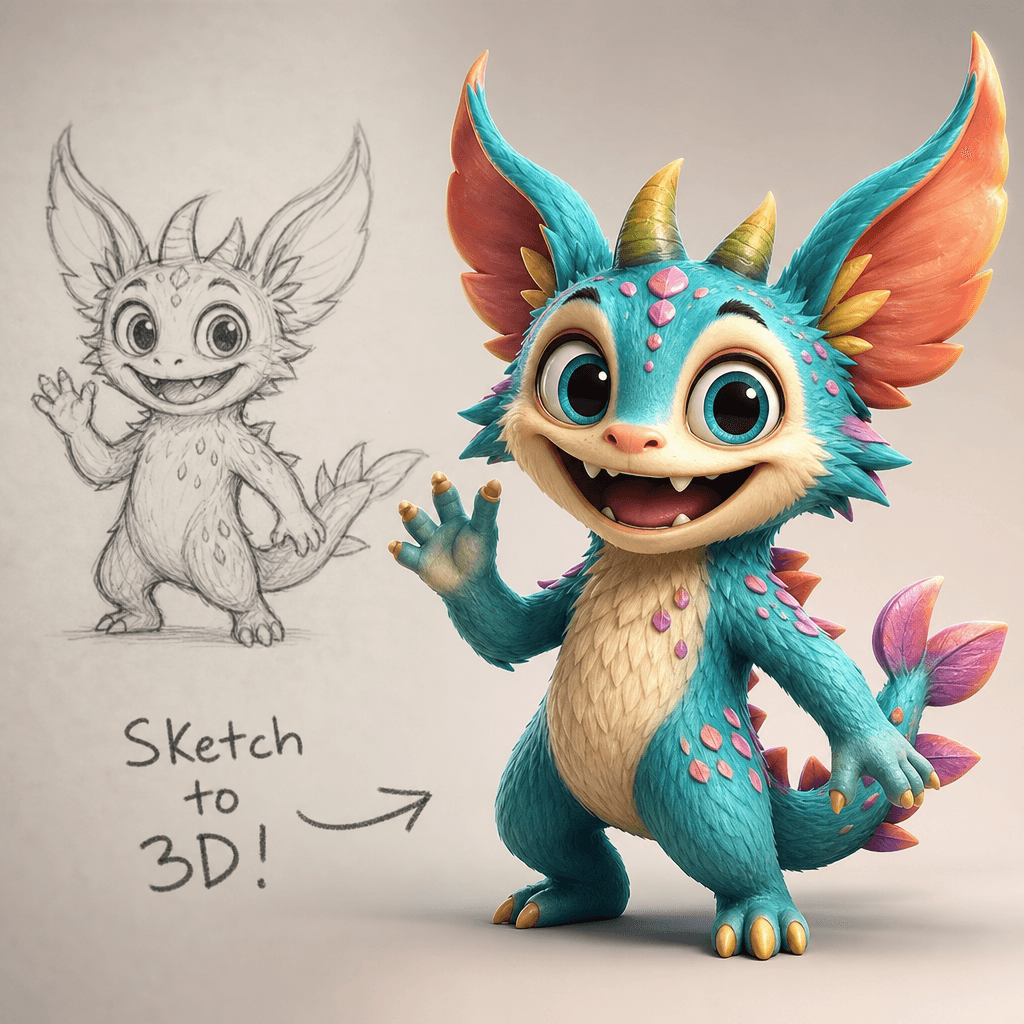 A whimsical 3D creature or fantastical character brought to life from a simple sketch. Imaginative design with playful f