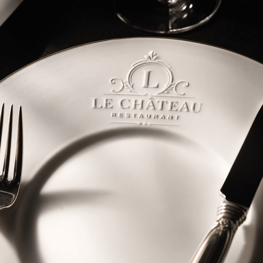 Close-up elegant plate with embossed restaurant logo and fine flatware, professional focus, dramatic side lighting empha