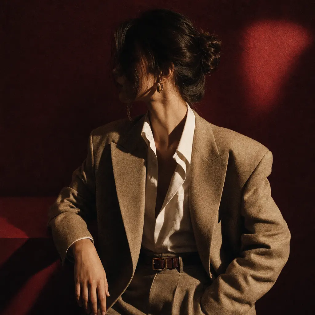 Square editorial portrait of an anonymous fashion subject in a dark red studio, hard side light and deep sculpted shadow