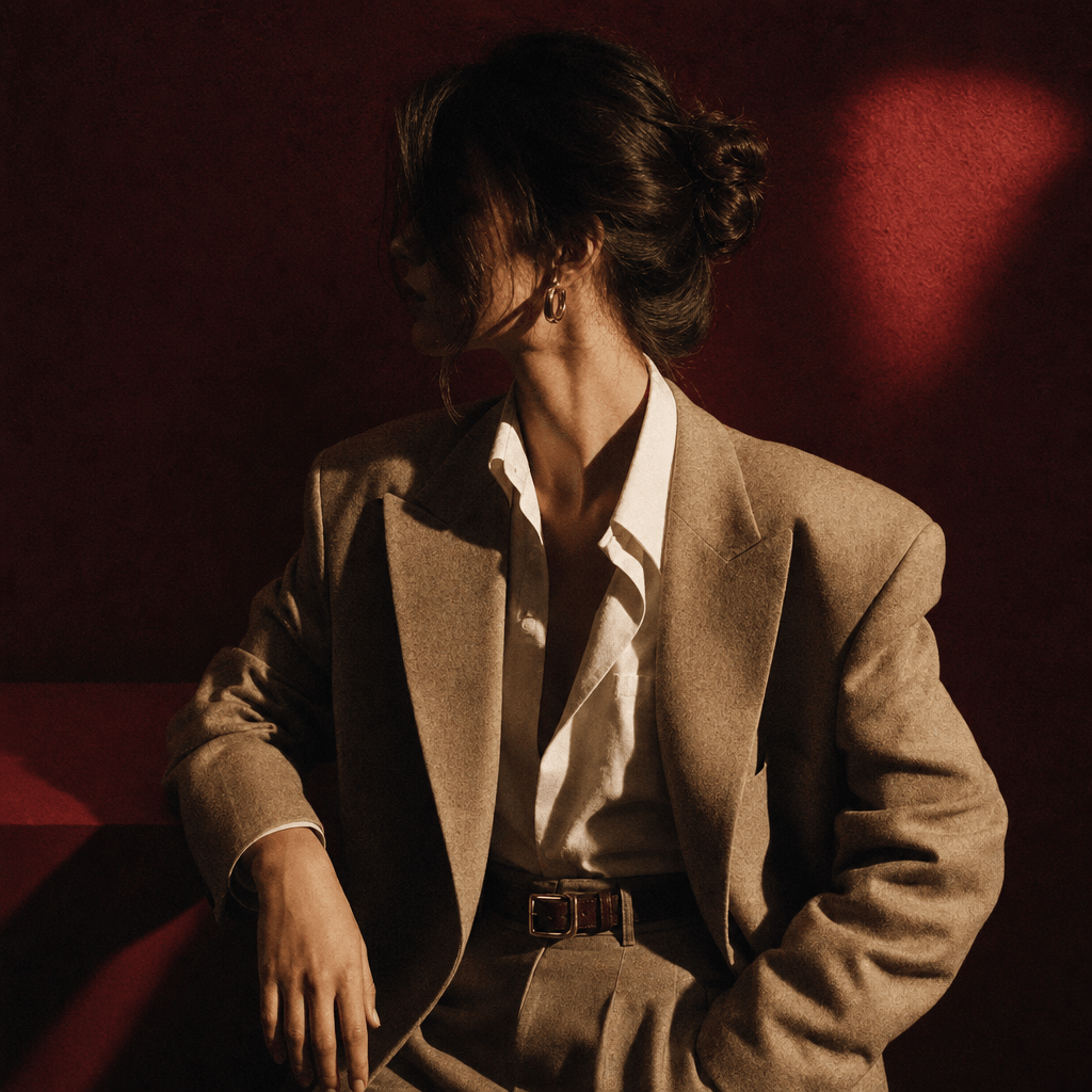 Square editorial portrait of an anonymous fashion subject in a dark red studio, hard side light and deep sculpted shadow