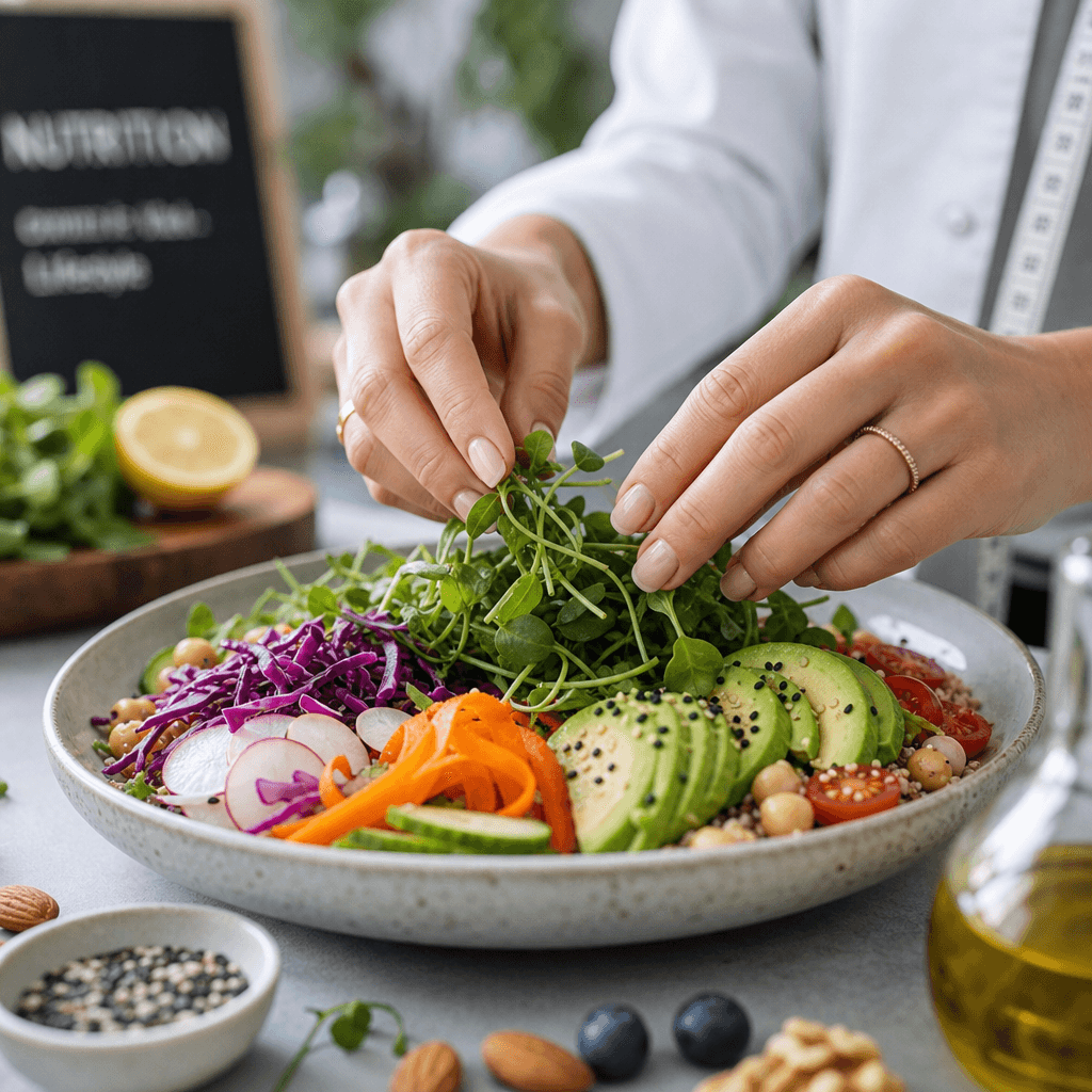 A close-up shot of a nutritionist's hands arranging a colorful salad, showcasing the beauty of healthy food preparation