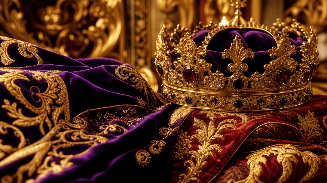 Luxurious ornate gold baroque pattern textures and fabrics, royal purple velvet and crimson materials, jeweled crown det