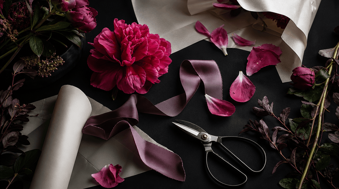 Abstract floral production still life with loose petals, silk ribbon, wrapping paper, stems, and polished shears arrange