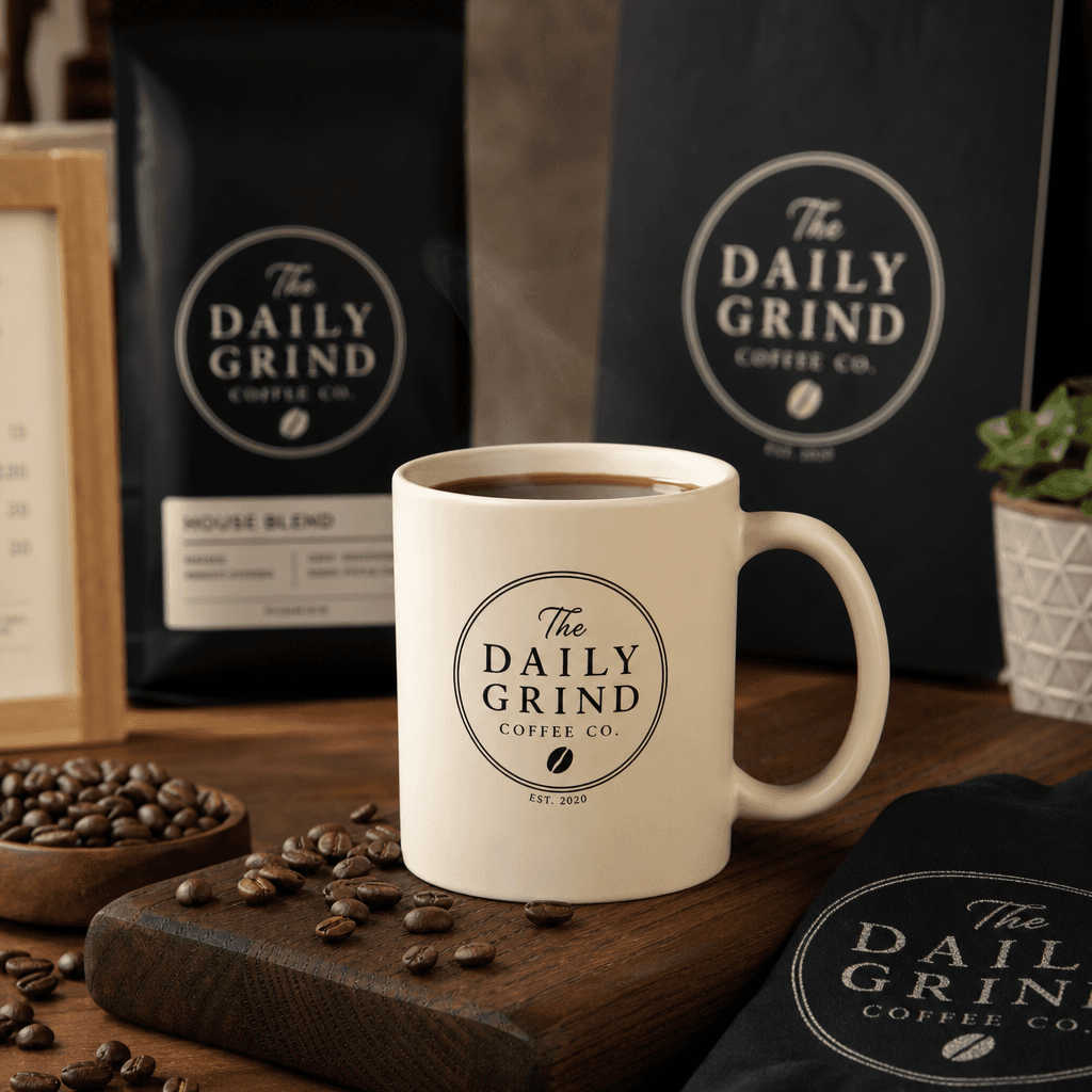 Custom café branded mug with logo, coffee shop flat lay, professional product shot, warm studio lighting, merchandise di