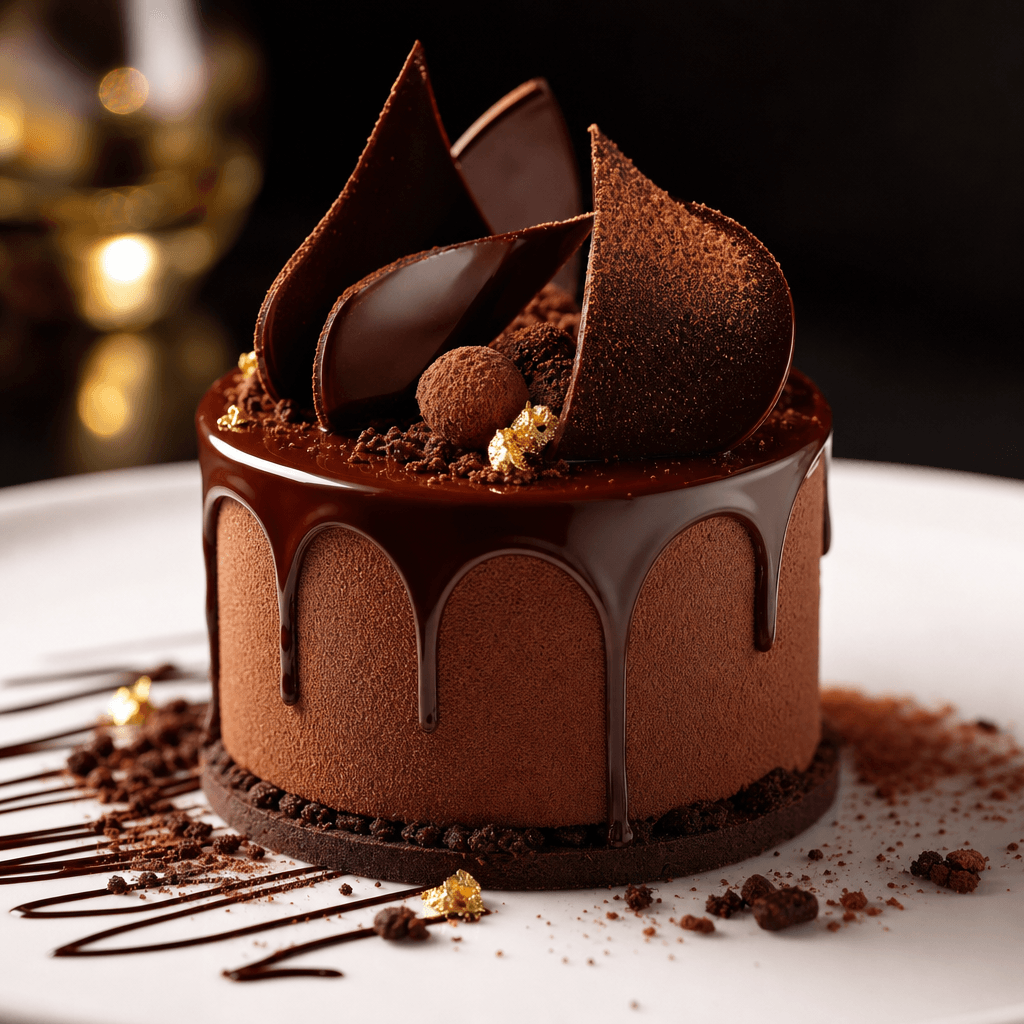 Close-up of a gourmet chocolate dessert being served on a white plate, warm soft lighting, dark blurred background, luxu