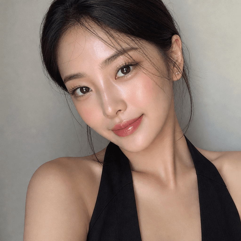 Portrait selfie with trendy glass skin makeup effect applied, smooth glowing skin texture, professional beauty styling,