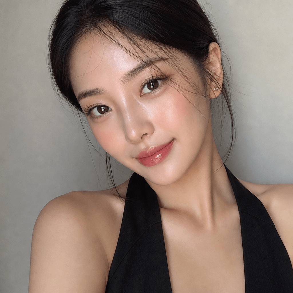 Portrait selfie with trendy glass skin makeup effect applied, smooth glowing skin texture, professional beauty styling,