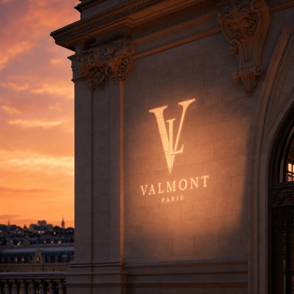 Luxury brand mark illuminated on classical stone architecture facade at sunset. Elegant projection with warm peachy-oran