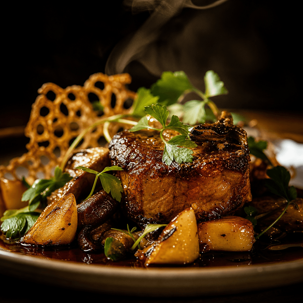 Close-up macro shot of a gourmet plated dish — vibrant green herbs, glossy reduced sauce, whisper of steam rising. Warm