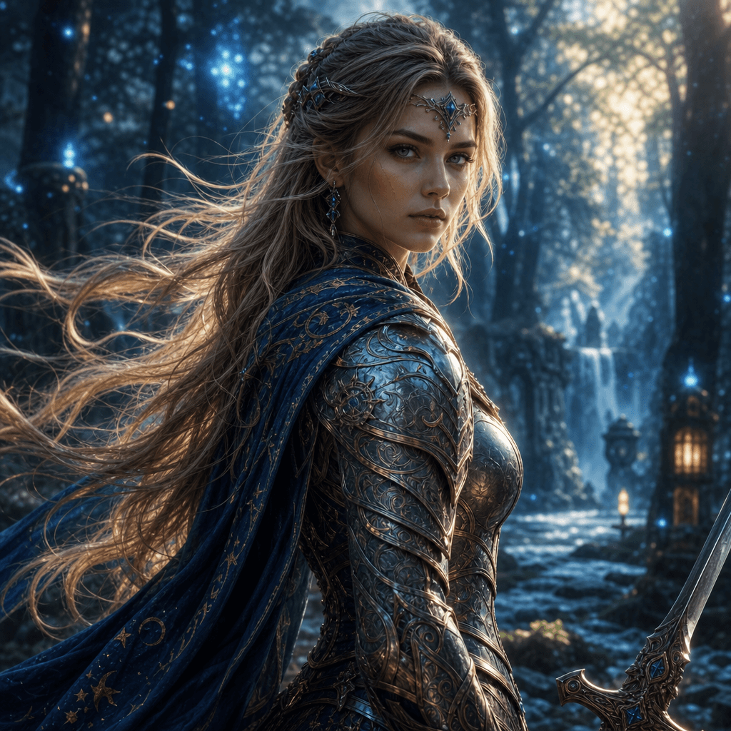 A stunning fantasy warrior portrait featuring a female warrior with flowing hair and elaborate armor, set against a myst