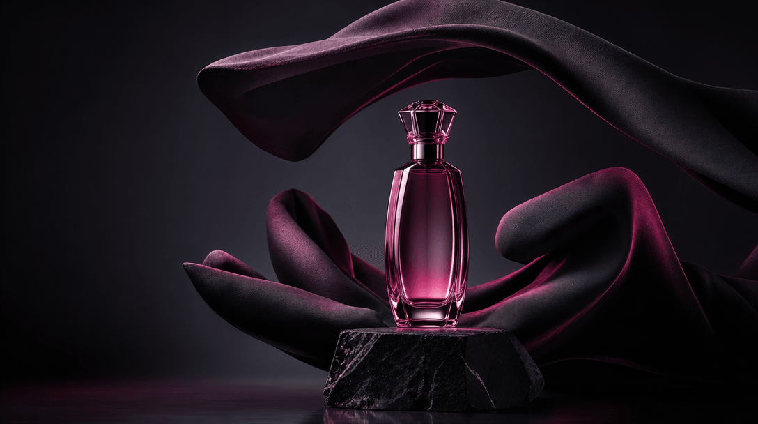 A single premium glass bottle standing on a black stone pedestal as folded fabric forms a hand-like sculptural frame aro