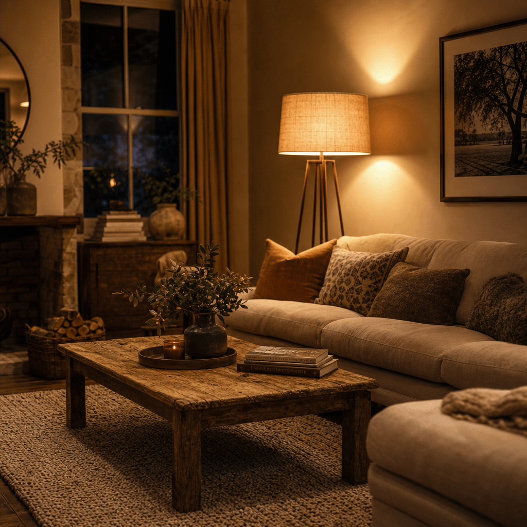 Cinematic still of a cozy family living room at evening, warm amber light spilling from a floor lamp across a weathered