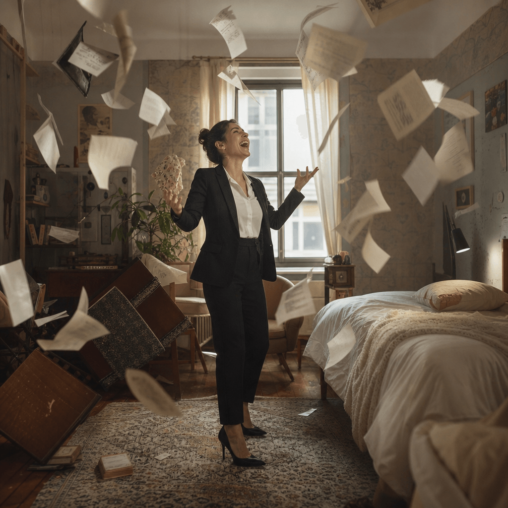 Cozy bedroom with creative editorial chaos—papers floating, furniture repositioned artfully, one figure in professional