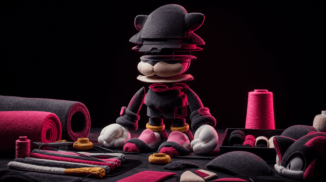 A premium product silhouette gradually expressed through layered plush fabrics, embroidery threads, soft foam contours,