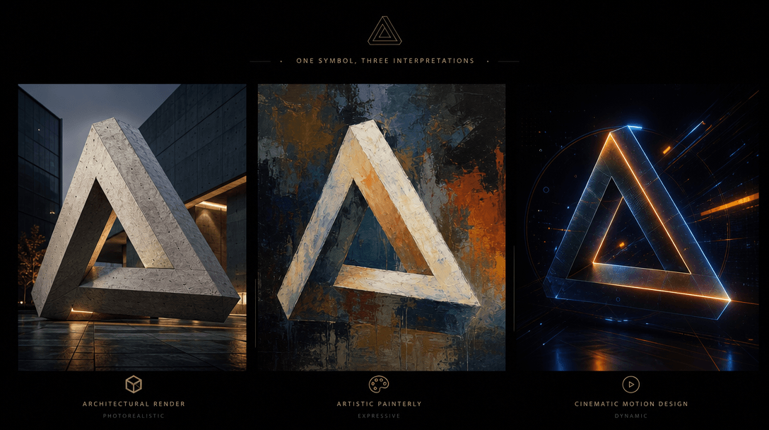 Abstract scene showing three distinct visual interpretations of the same geometric symbol side-by-side. Left: photoreali